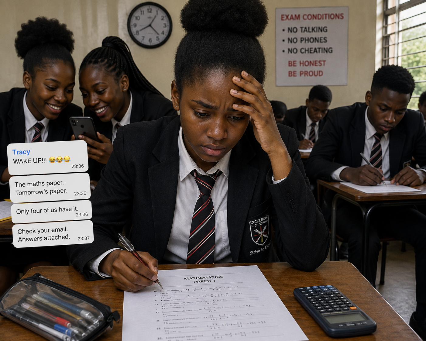 THE LEAKED PAPERAisha is 17.Tomorrow is the mathematics exam.At 11:36pm, her phone vibrates.Her best friend, Tracy.“WAKE UP!!! 😂😂😂”A photograph arrives.The mathematics examination paper.Tomorrow’s paper.Every question.Aisha stares at the screen.“Where did you get this?”Tracy replies:“Don’t ask stupid questions. Just read. 😂”Another message:“Only four of us have it.”Aisha should close the phone.Instead, she looks at Question 1.Then Question 2.Question 6 is difficult.A minute later another message arrives:“Check your email. Answers attached.”Aisha hesitates.Then opens them.For the next two hours, she studies harder than she has studied all term.Not mathematics.The answers.By 2am she can reproduce almost every solution.The next morning Tracy is waiting under a tree.“Ready?”Aisha smiles.“For once.”They enter the examination room.Papers are placed face down.Aisha is strangely calm.The teacher looks at the clock.“You may begin.”Aisha turns over the paper.She stops breathing.Question 1.She has never seen it before.Question 2.Different.She turns the page quickly.Question 3.Question 4.Question 5.None of them.Across the room Tracy is flipping pages too.Their eyes meet.No smiles now.The leaked paper was real.It was just last year’s paper.Aisha looks at the clock.Two hours.Then Question 1 again.It is something their teacher explained three weeks ago.Aisha remembers the lesson.Vaguely.She had understood it then.But last night, instead of revising mathematics, she spent two hours memorising somebody else’s answers.She picks up her pen.For the first time all night, there are no answers coming through her phone.Just Aisha.And the mathematics she actually knows.